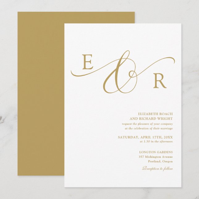 Invitation Mariage Monogramme Élégant Moderne en Écriture Dor (Devant / Derrière)