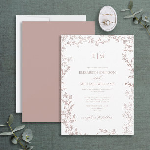 Invitation Mariage monogramme Élégant pour Rose à feuilles mi