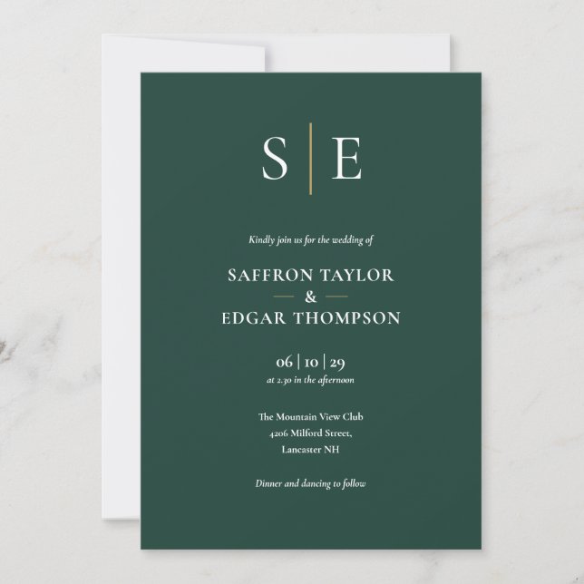 Invitation Mariage Monogramme Emerald Green Et Gold (Devant)