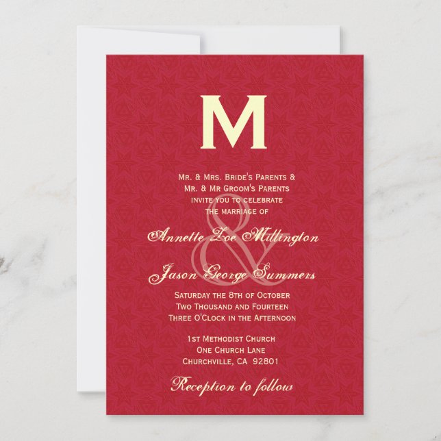 Invitation Mariage Monogramme en cuir rouge et crème R431 (Devant)