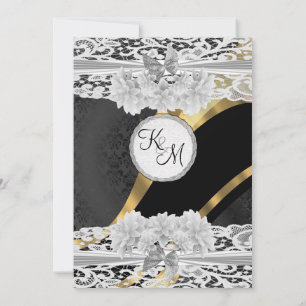 Invitation Mariage monogramme en dentelle blanche en or noir