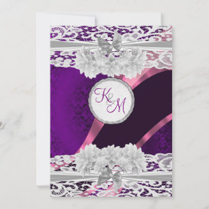 Invitation Mariage monogramme en dentelle blanche pourpre dam