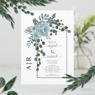 Invitation Mariage monogramme et arche de fleurs bleues pouss