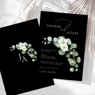 Invitation Mariage Monogramme Eucalyptus noir simple