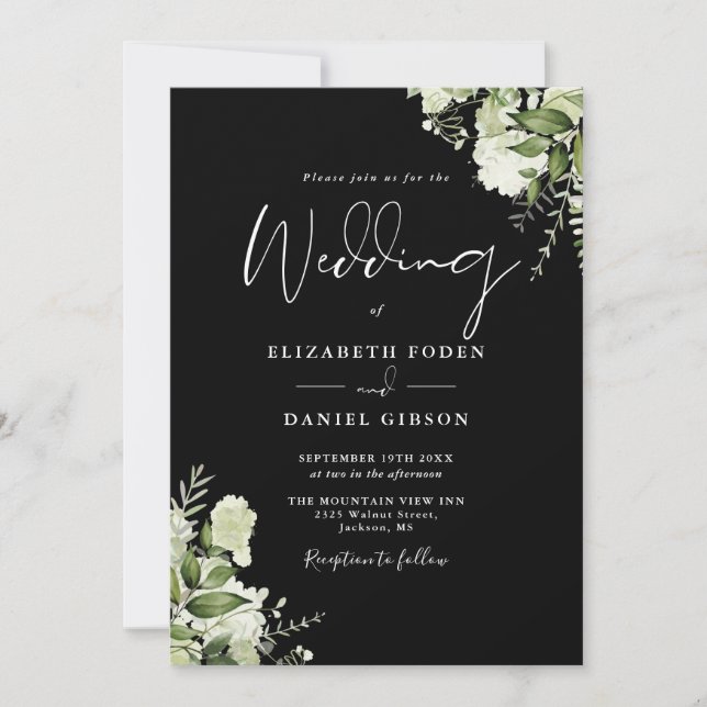 Invitation Mariage Monogramme Feuille noir blanc vert (Devant)