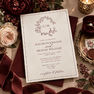 Invitation Mariage Monogramme Feuillu Crème et Bourgogne 
