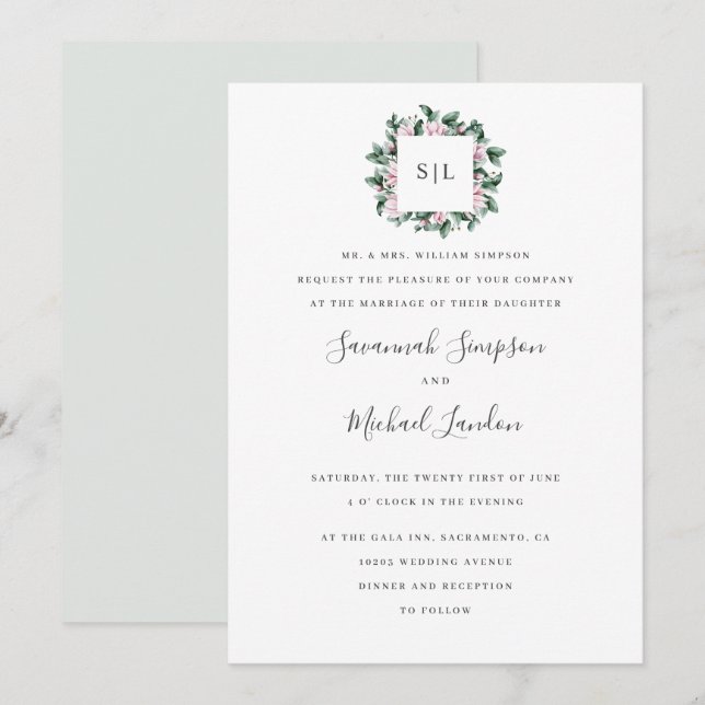 Invitation Mariage monogramme gris Magnolia Eucalyptus peint (Devant / Derrière)
