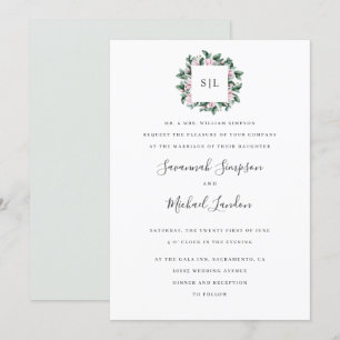 Invitation Mariage monogramme gris Magnolia Eucalyptus peint