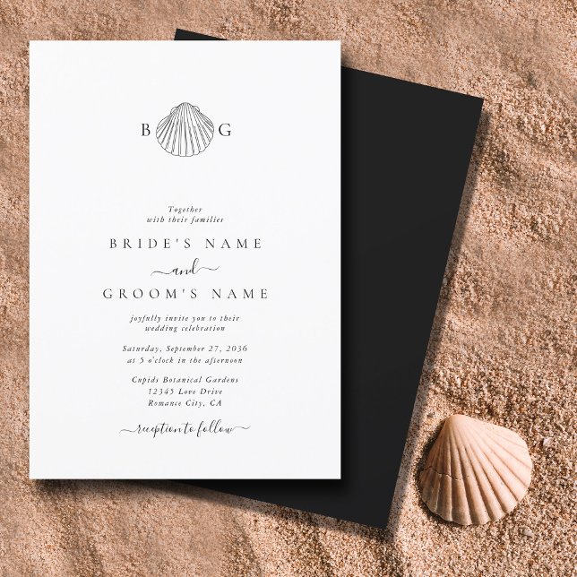 Invitation Mariage monogramme minimaliste de coquillage de co (Minimalist Clam Seashell Monogram Wedding Invitation)
