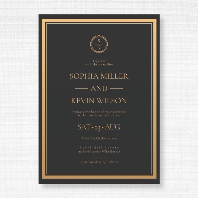 Invitation Mariage Monogramme moderne Black Gold Elegant (Créateur téléchargé)