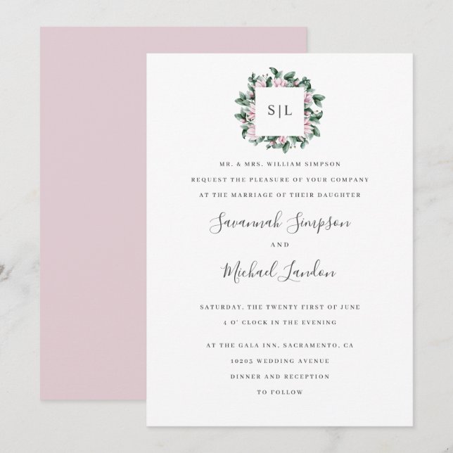 Invitation Mariage monogramme rose Magnolia Eucalyptus peint (Devant / Derrière)