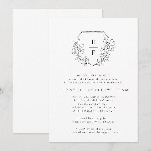 Invitation Mariage Monogramme simple cerisier en fleurs (Devant / Derrière)