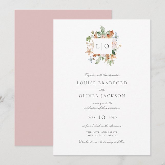 Invitation Mariage monogramme simple Dusty Rose (Devant / Derrière)