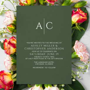 Invitation Mariage Monogramme vert de mousse foncée simple