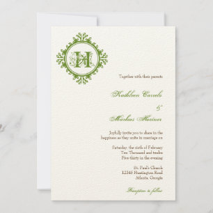 Invitation mariage monogramme vintage feuille vert pourrissem