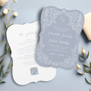 Invitation Mariage Monogramme Vintage Fleurie Bleu Poussiéreu