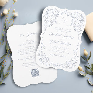 Invitation Mariage Monogramme Vintage Fleurie Bleu Poussiéreu