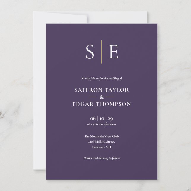 Invitation Mariage Monogramme violet et or (Devant)