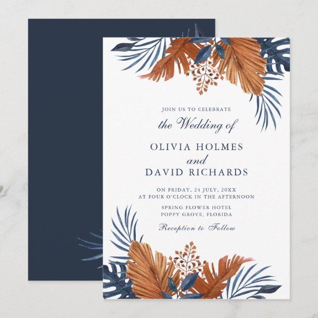 Invitation Mariage Monstera Bleu de minuit (Devant / Derrière)