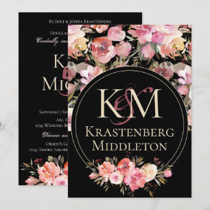 Invitation Mariage Moody foncé Monogram Blush Rose d'hiver