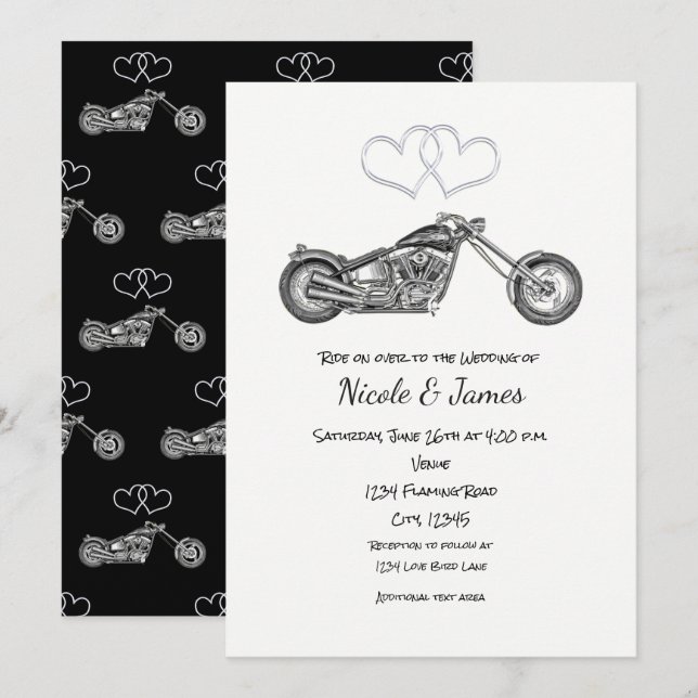 Invitation Mariage Motard Moto Cœurs Noirs et Argent (Devant / Derrière)
