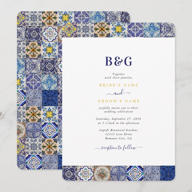 Invitation Mariage Motif de tuiles portugaises méditerranéenn (Devant / Derrière)