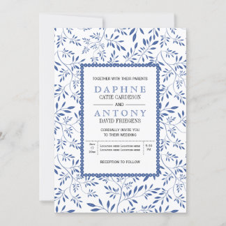 Invitation Mariage motif feuille bleu indigo moderne