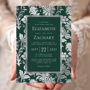Invitation Mariage motif floral argent vert émeraude