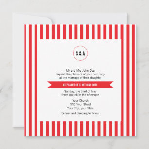 Invitation Mariage Motif Monogram Red and White Stripes