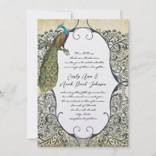 Invitation Mariage motif oiseau de l'amour moutarde et bleu m