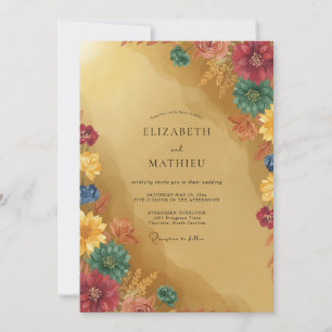 Invitation Mariage Moutarde Bourgogne Zinnia Eucalyptus