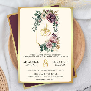 Invitation Mariage Musulman à Crête Fleurie Or Violet Poussié