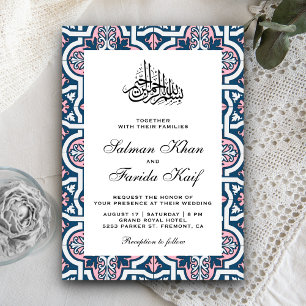 Invitation Mariage musulman arabesque islamique bleu et rose