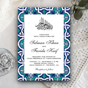Invitation Mariage Musulman Arabesque Islamique Bleu et Turqu