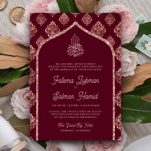 Invitation Mariage Musulman avec Arche en Damassé Or Rose de