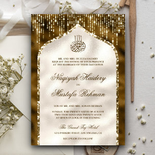 Invitation Mariage musulman avec arche en or brun et ivoire p