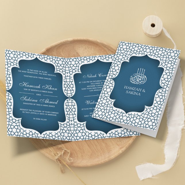 Invitation Mariage musulman blanc et bleu persan (Créateur téléchargé)