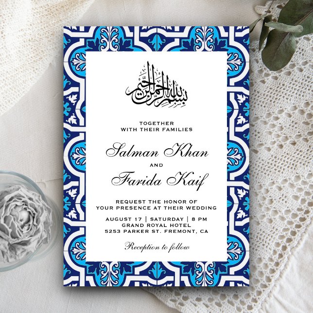 Invitation Mariage musulman bleu et blanc (Créateur téléchargé)