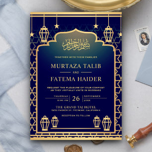Invitation Mariage musulman Blue Gold Arche et Lanternes Isla