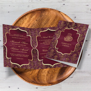 Invitation Mariage Musulman Burgundy Rustique Doré Damassé