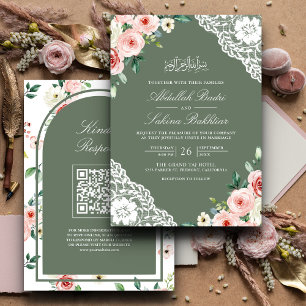 Invitation Mariage Musulman Code QR Broderie Anglaise Vert Sa