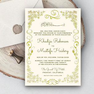 Invitation Mariage Musulman Crème Élégant et Vert Olive