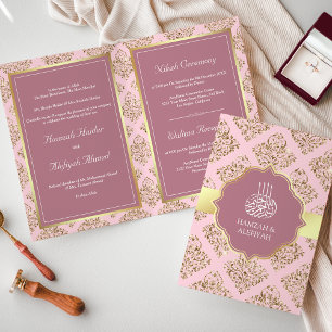 Invitation Mariage Musulman Damassé Or et Mauve Rustique