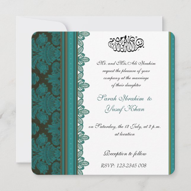 Invitation Mariage musulman de brocard bleu de damassé (Devant)
