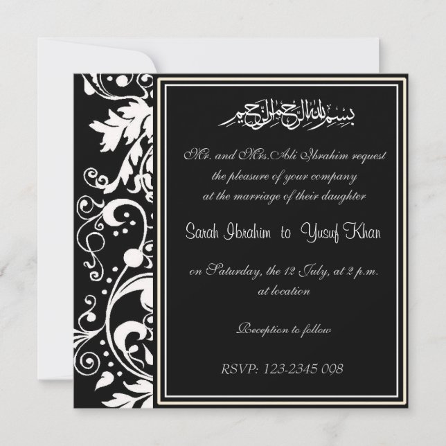Invitation Mariage musulman de brocard noir et blanc de (Devant)