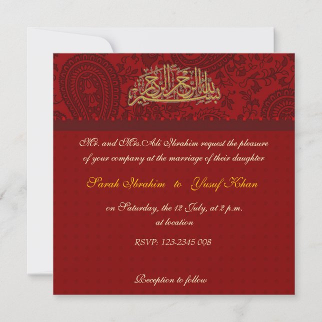 Invitation Mariage musulman de damassé rouge (Devant)