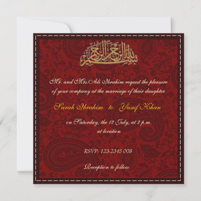 Invitation Mariage musulman de damassé rouge (Devant)