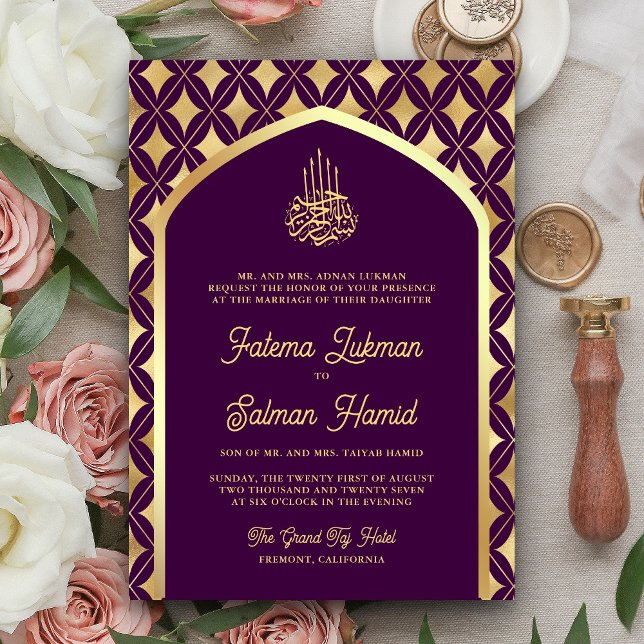 Invitation Mariage musulman de l'Arc de diamants d'or violet (Créateur téléchargé)