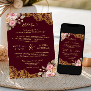Invitation Mariage Musulman Dentelle Dorée Fleurs Roses Bourg