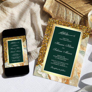 Invitation Mariage Musulman Émeraude Marbre Marron Paillettes